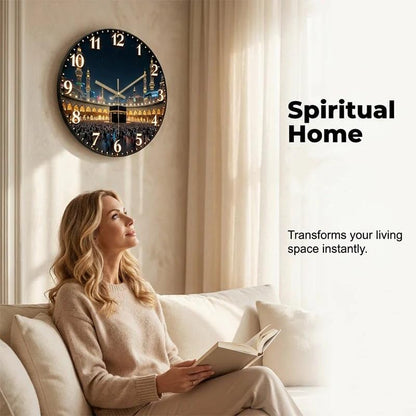 Silent 12-Inch Wooden Wall Clock with Kaaba Night Scene – 1pc Variation