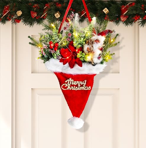 Christmas Wreath with Santa Hat Lights for Front Door & Holiday Decor