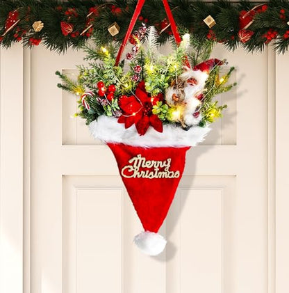 Christmas Wreath with Santa Hat Lights for Front Door & Holiday Decor