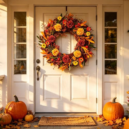 Autumn Orange Hydrangea Wreath - 22-Inch Fall Front Door Decor with Pumpkins & Berry Accents