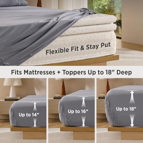 Bedsure Deep Pocket King Sheets - Non Slip Fit for Up to 18" Mattresses, Grey