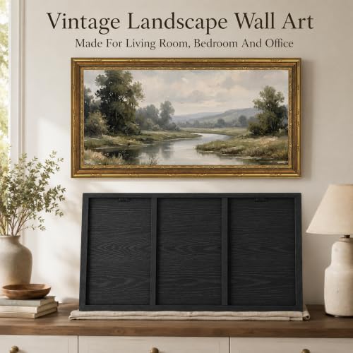Large Framed Rustic River Landscape Wall Art - Vintage Countryside Scene, 20x40in - River / Framed / 20"L x 40"W