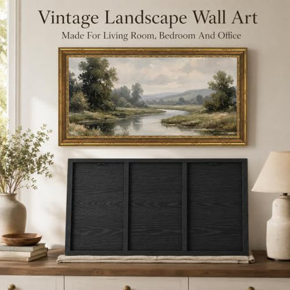 Large Framed Rustic River Landscape Wall Art - Vintage Countryside Scene, 20x40in - River / Framed / 20"L x 40"W