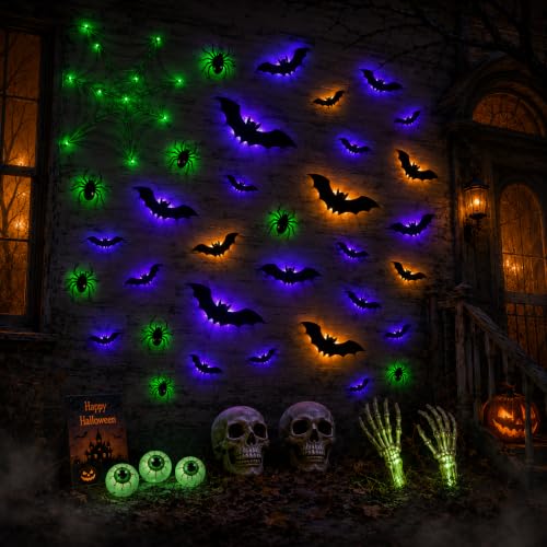 Halloween Light-Up Bat Wall Decor Set with Spiders & Web - 41 Pieces