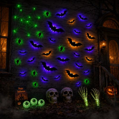 Halloween Light-Up Bat Wall Decor Set with Spiders & Web - 41 Pieces