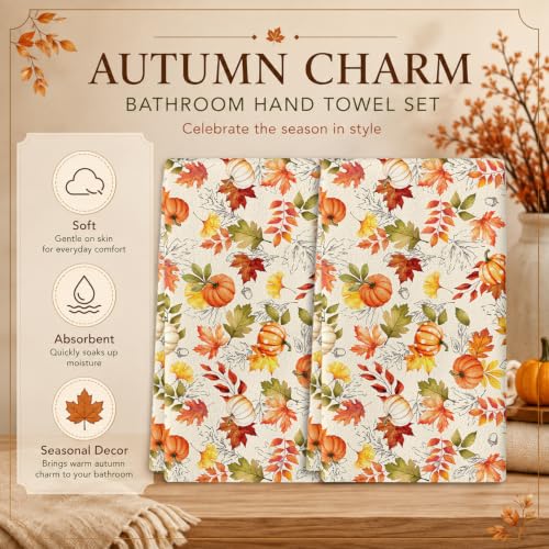 Autumn Hand Towels Set of 2 - Pumpkin and Maple Leaf Rustic Design, Orange Yellow