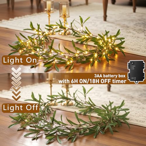 Lighted Artificial Olive Garland 6FT with Warm White LEDs for Home Decor
