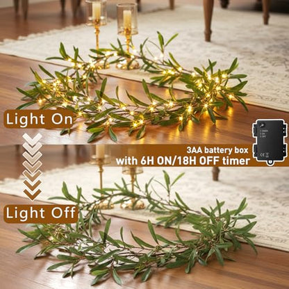 Lighted Artificial Olive Garland 6FT with Warm White LEDs for Home Decor