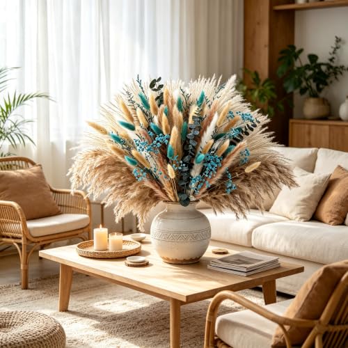 125 Pcs Turquoise Dried Pampas Grass for Home Decor & Bouquets - Natural & Fluffy