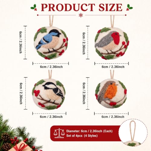 Christmas Felt Bird Ornaments Set - 4 Pcs Hanging Holiday Decorations - Ball