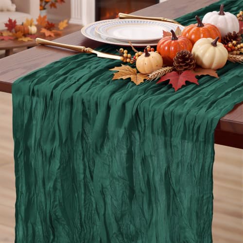 Emerald Green Cheesecloth Table Runner 35x120 Inch Boho Rustic Decor - 3 Pcs