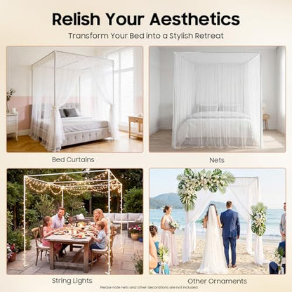 Queen Size Stainless Steel Canopy Bed Frame with Corner Net Stand