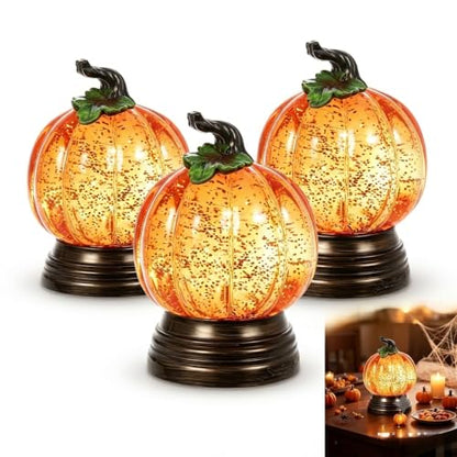 Lighted Pumpkin Snow Globe - Fall Halloween Tabletop Decor, Acrylic, Yellow, 3-Pack