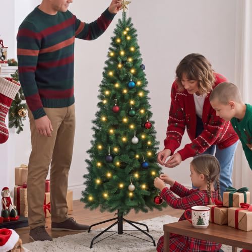 4.5 Ft Artificial Christmas Tree with Warm White Lights, Slim Pre-Lit Xmas Tree