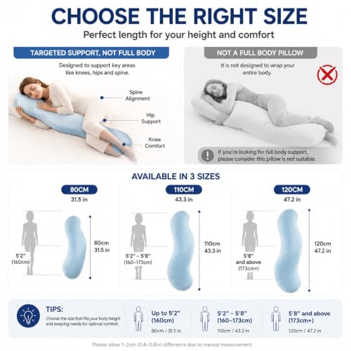 Full Body Support Pillow for Side Sleepers Gray 43.3 Inches - Cooling & Ergonomic