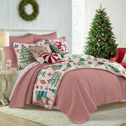 Euro Sham Set of 2 - 26x26in Tree Festival Red & White Stripe - Tie Closure - Polyester - Variations