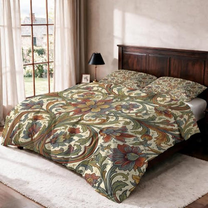 King Size Reversible Duvet Cover Set with Pillowcases - Morris Style Green Beige - 3 Piece