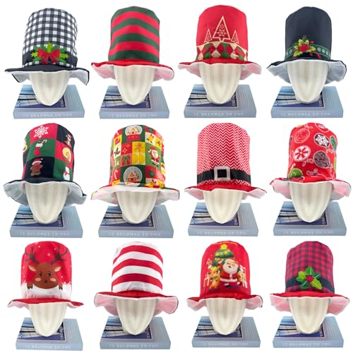 12 Assorted Funny Christmas Party Top Hats - Novelty Costume Hats for Adults & Teens