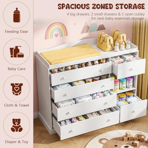 Kids Dresser Cabinet with Changing Table - White Child Bedroom Storage Furniture