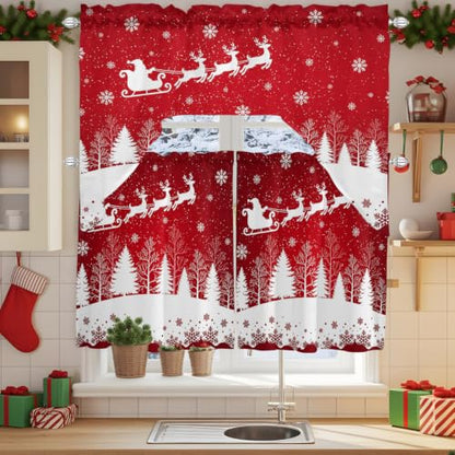Christmas Reindeer Window Curtain Set with Valances - Red & White, 3 Pieces, 27.5"W x 36"L, Holiday Decor