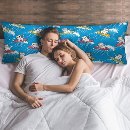 Cute Cat Surfing Body Pillow Cover 20x54 Inches Blue Waves Zipper Bed Decor - Style-3