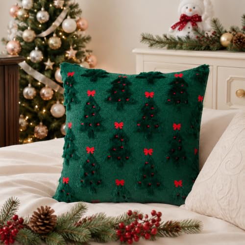 Christmas Tree Pillow Cover 18x18 Inch Faux Fur Jacquard Winter Decor - 1 Piece