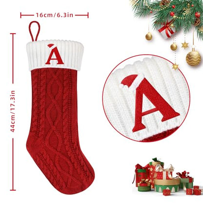 DIYASY Christmas Knitted Stockings with Letters - 20 Inch Large Holiday Stocking with Embroidered Alphabet - Red Xmas Gift Stocking for Christmas Decorations (Letter a)