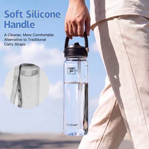 Fanhaw 32oz Clear Plastic Water Bottle with Flip Straw Lid & Black Accents