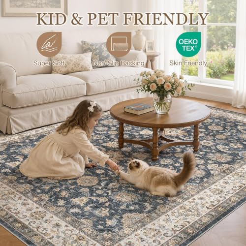 Cotiled 2x6 Washable Non-Slip Vintage Blue Brown Runner Rug - Entry & Hallway