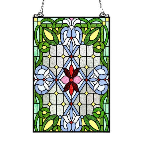 Blue Floral Stained Glass Window Panel - 25 x 18 Inches Home Decor