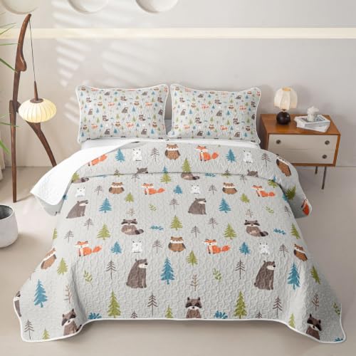 Woodland Animals Quilt Set Queen Gray Brown Kids Bedspread Nursery Cute Fox Bear Raccoon