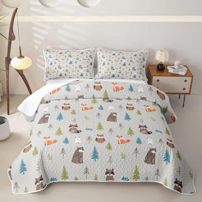 Woodland Animals Quilt Set Queen Gray Brown Kids Bedspread Nursery Cute Fox Bear Raccoon