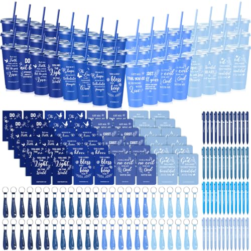 Hollowfly 48 Set Christian Church Gifts with Bible Verse Cups Notebooks & Keychains - Gradient Blue