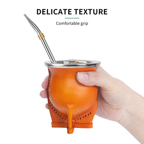 Argentina Yerba Mate Cup With Ceramic liner Straw Tea Gourd Mug One Bombilla Mate a Cleaning Brush (brown)