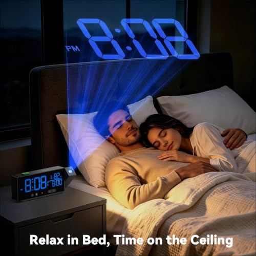 Projection Alarm Clock for Bedroom Ceiling with Auto Brightness, Black+Blue