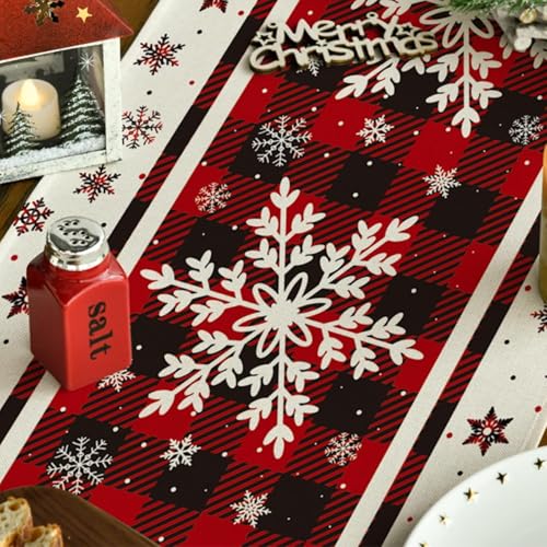 Snowflakes Christmas Table Runner 13 x 90 Inches with Buffalo Plaid Holiday Decor