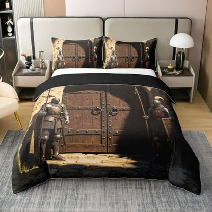 Medieval Knight Duvet Cover Set Twin Size Black Brown White - Kids Bedding