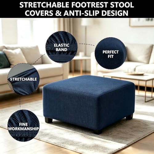 Navy Blue Small Square Ottoman Cover Stretch Slipcover Washable Furniture Protector