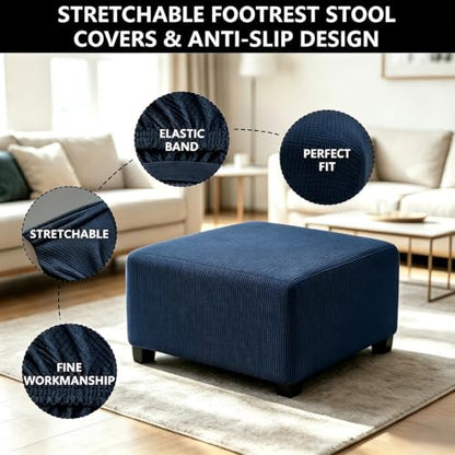 Navy Blue Small Square Ottoman Cover Stretch Slipcover Washable Furniture Protector