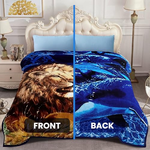 YHSF Korean Faux Mink Blanket - 2 Ply Thick & Soft Reversible Printed Plush Winter Throw - Warm Cozy Silky Raschel Blanket - Easy Care, Fade Resistant - Dolphin/Lion, Queen, 5 LB, 87 in x 75 in