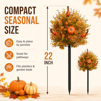 Fall Pumpkin Topiary Trees with Stakes - Orange, 22 Inch, 2 Pack