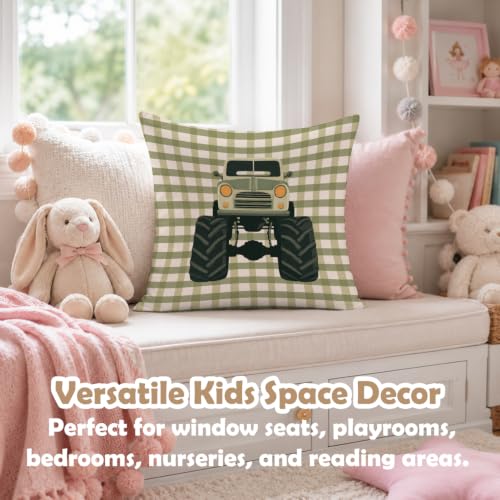 Monster Truck Room Decor Pillow Cover 18x18 Car Green for Boys Bedroom