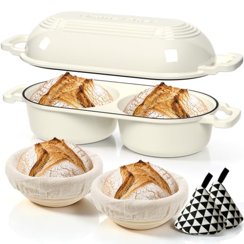 Cream White Dutch Oven for Sourdough Bread Baking with Lid & Banneton Proofing Baskets
