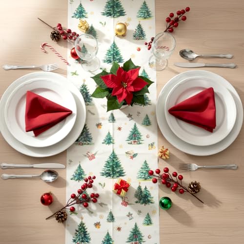 Christmas Table Runner Green Xmas Tree Design 14x108 Inch Disposable Holiday Decor - Set of 6