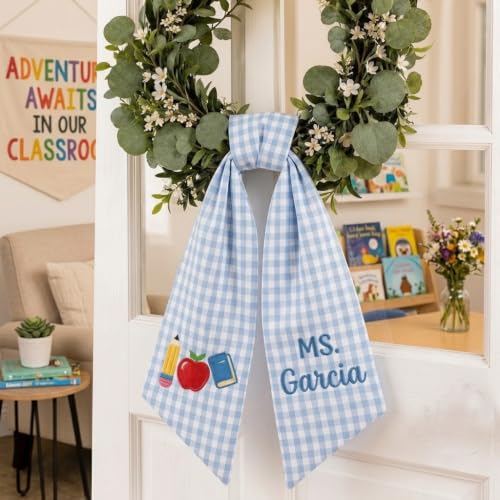 Gingham Baby Blue Personalized Teacher Door Wreath Bow with Embroidered Name