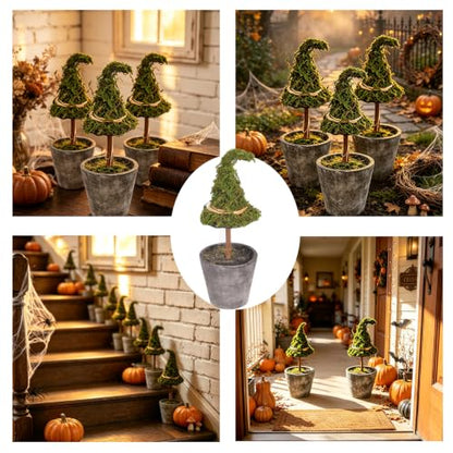 Grey Halloween Witch Hat Topiary Plant with Pot - Artificial Moss Decor