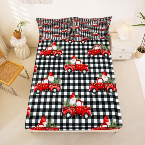 Manfei Buffalo Plaid Gnome Queen Fitted Sheet Set - Christmas Bedding, 16-Inch Deep Pockets