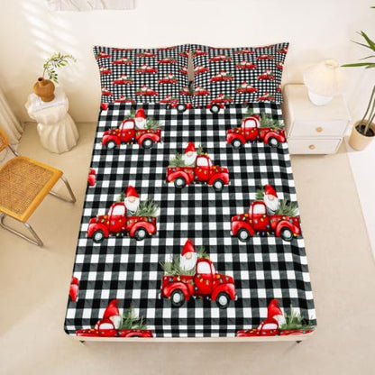 Manfei Buffalo Plaid Gnome Queen Fitted Sheet Set - Christmas Bedding, 16-Inch Deep Pockets