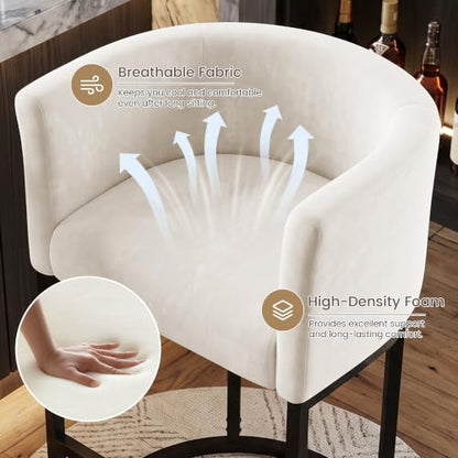 Beige Chenille Counter Height Bar Stools Set of 2 with Arms & Footrest - 26 Inch Kitchen Island Chairs