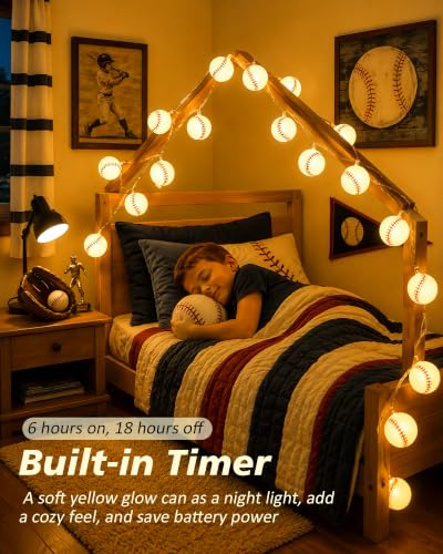Baseball String Lights - Battery Operated 20 LED Bulbs for Room Decor, Party, Outdoor